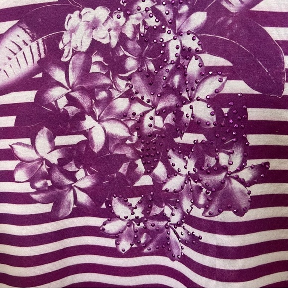 2/$30 Lane Bryant Purple Striped Floral Beaded Cold Shoulder Short Sleeve Top - Picture 4 of 11